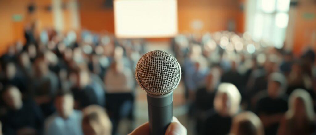 seminar about to begin with speaker grabbing the mic to tell them about retirement planning tools