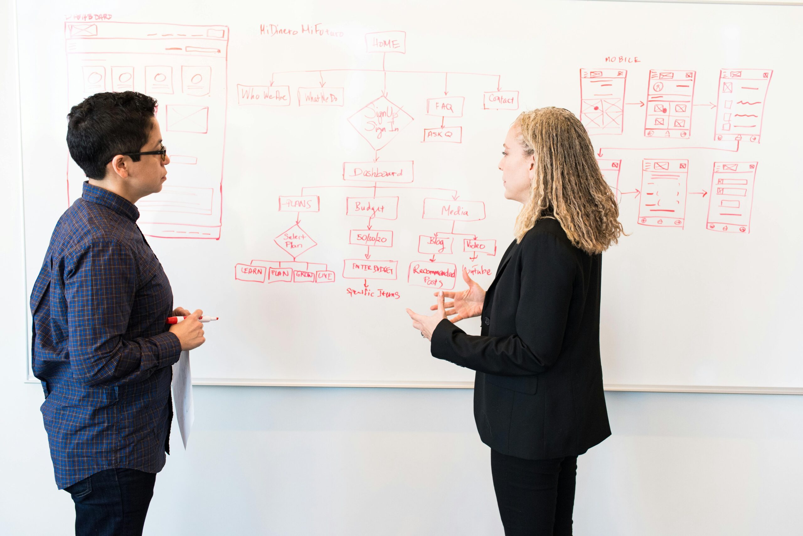 Two colleagues stand in front of a whiteboard covered with red marker diagrams of a website flowchart, discussing plans and digital strategy.