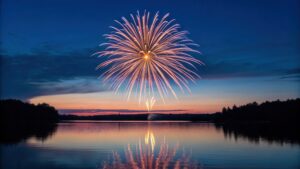 4th of July Party Ideas Majestic fireworks burst over a tranquil lake at sunset, reflecting vibrant colors on the water's surface.